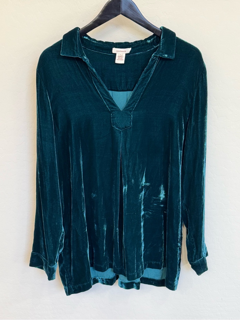 Sundance Velvet V-Neck Long Sleeve Tunic Top Dark Teal Green Large